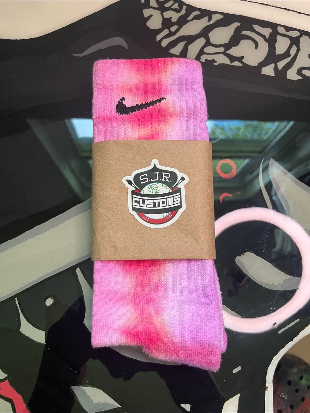 Nike Pink Tie-Dye Crew Socks with Black Swoosh